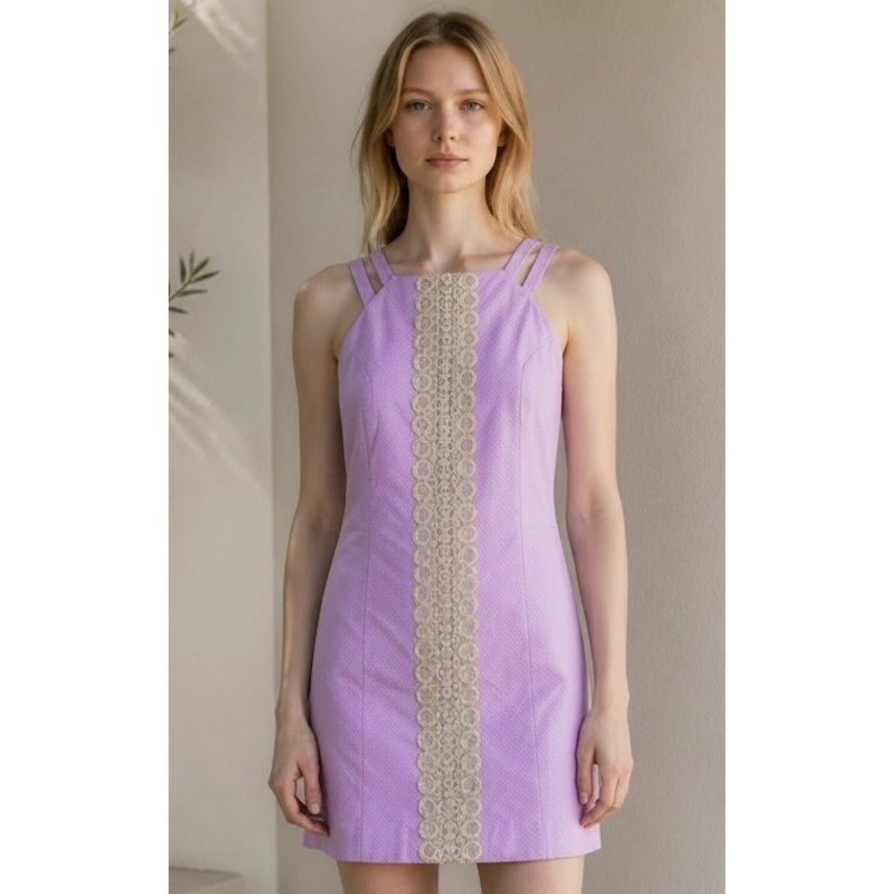 Lilly Pulitzer Shift Dress Purple Gold Lace Appliqué Resort Size 4 Wedding